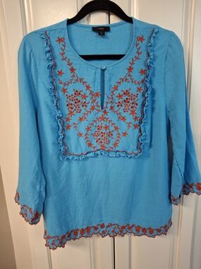 J. Crew Women's Turquoise Embroidered Peasant Top